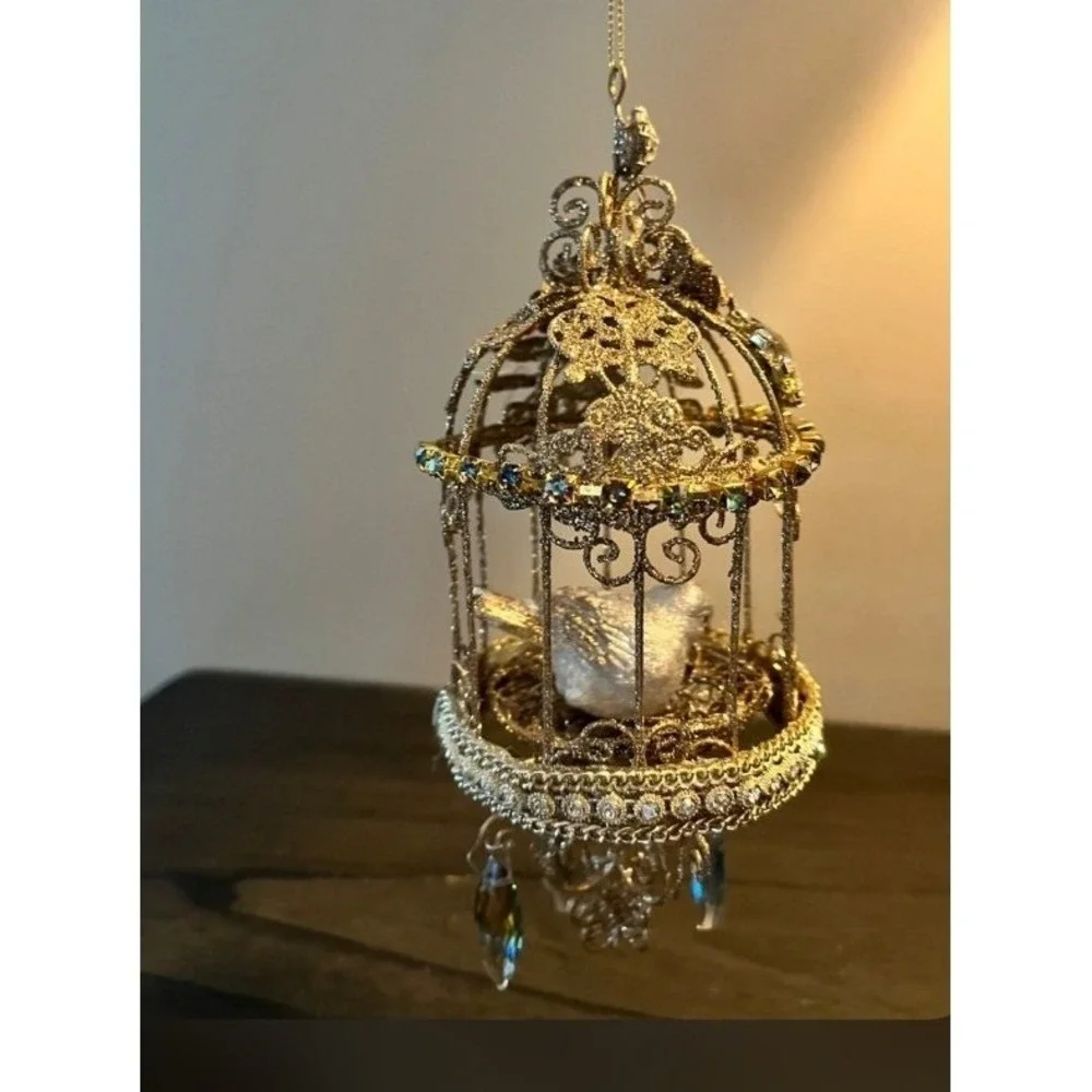 Jeweled Birdcage Christmas Ornament White Bird Rhinestone Prisms 7